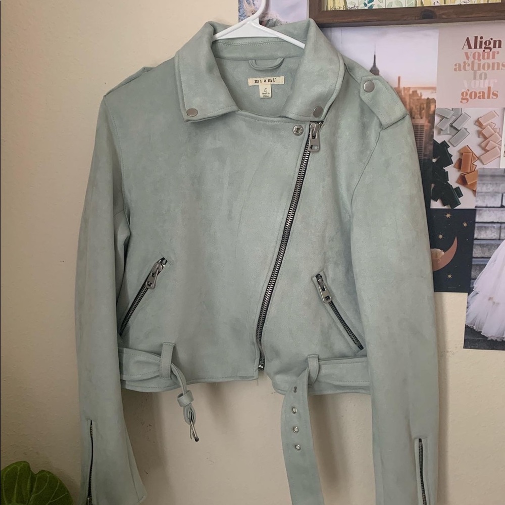 Light Blue Suede Moto Jacket - image 3